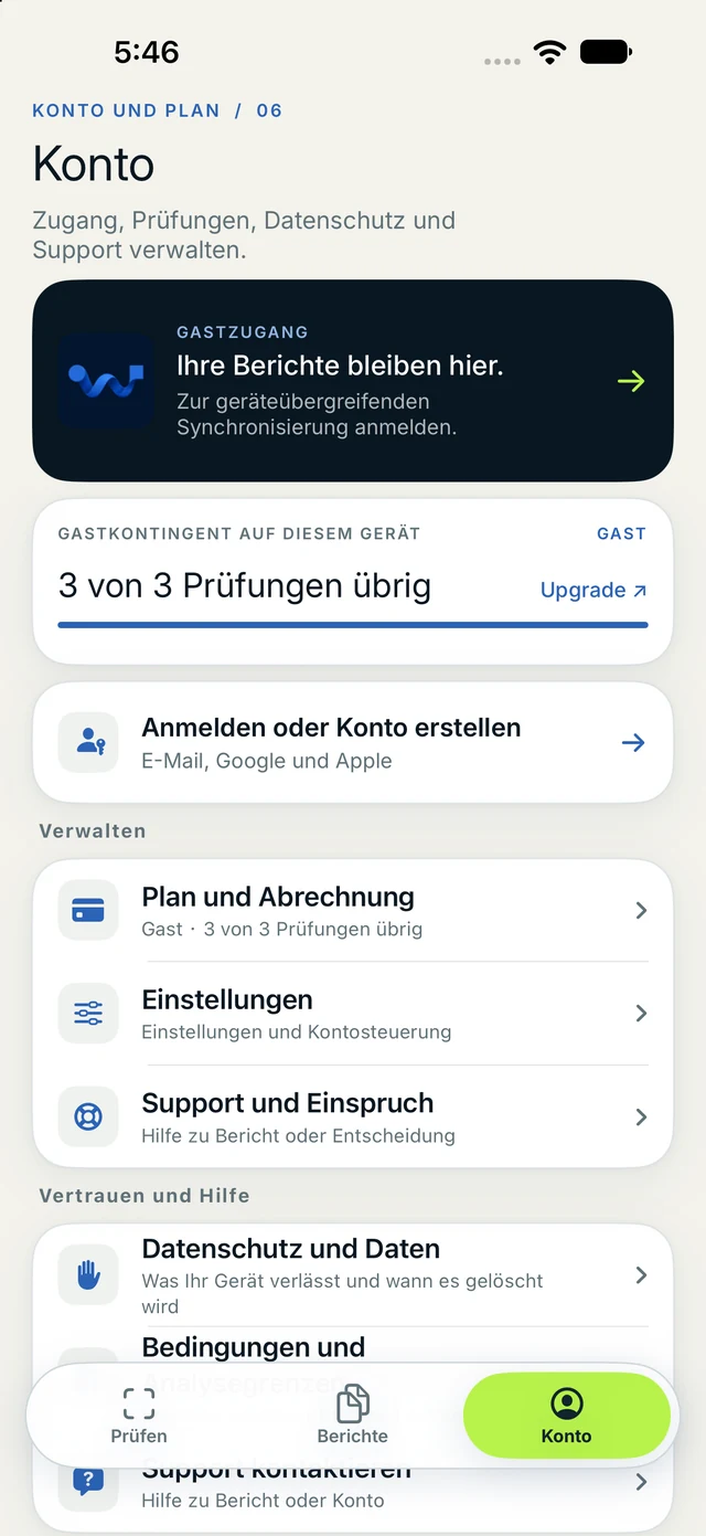 Konto und Kontingent von What Made It? auf dem iPhone