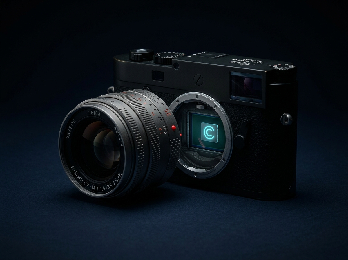 Leica camera digital sensor with illuminated C2PA Content Credentials provenance indicator