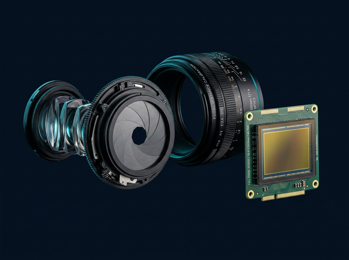 Optical camera lens components, aperture blades, and full-frame sensor