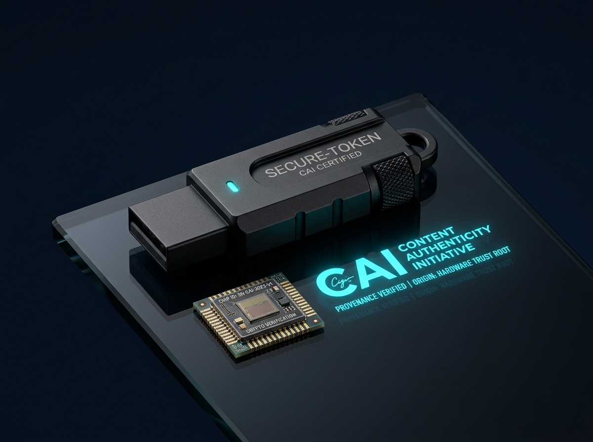Cryptographic security token and chip with glowing Content Authenticity Initiative marker