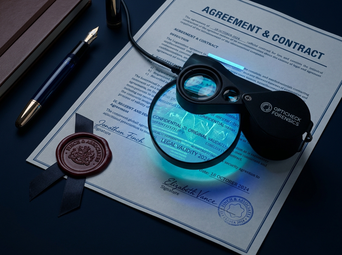 Official legal contract inspected with an illuminated forensic loupe and wax seal