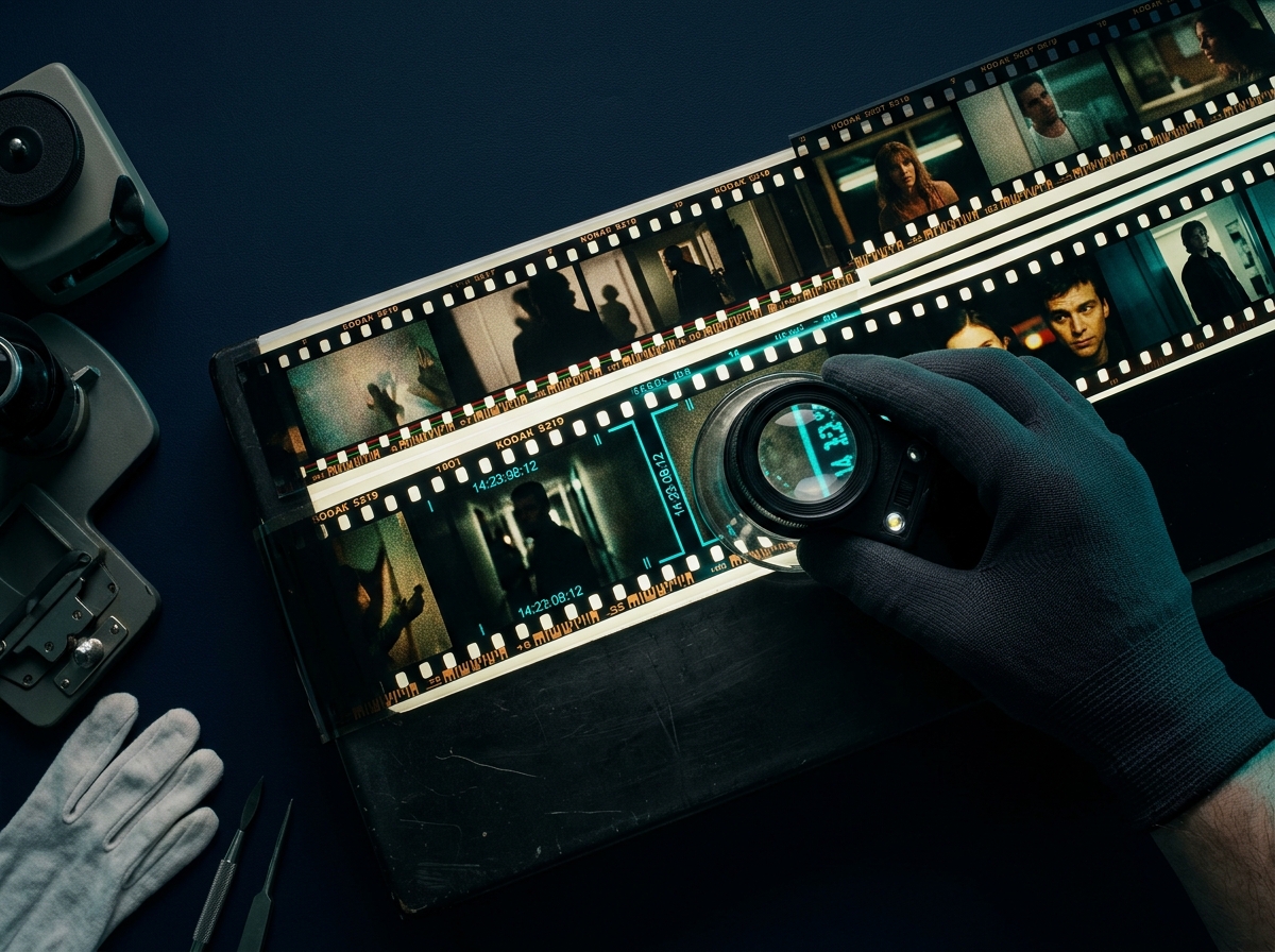 35mm cinematic filmstrip frames analyzed under forensic optical loupe