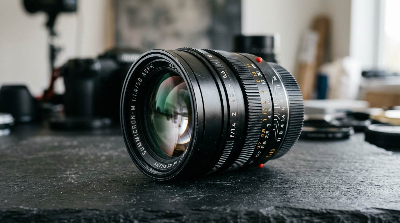 Macro photograph of professional camera lens optical elements and aperture rings