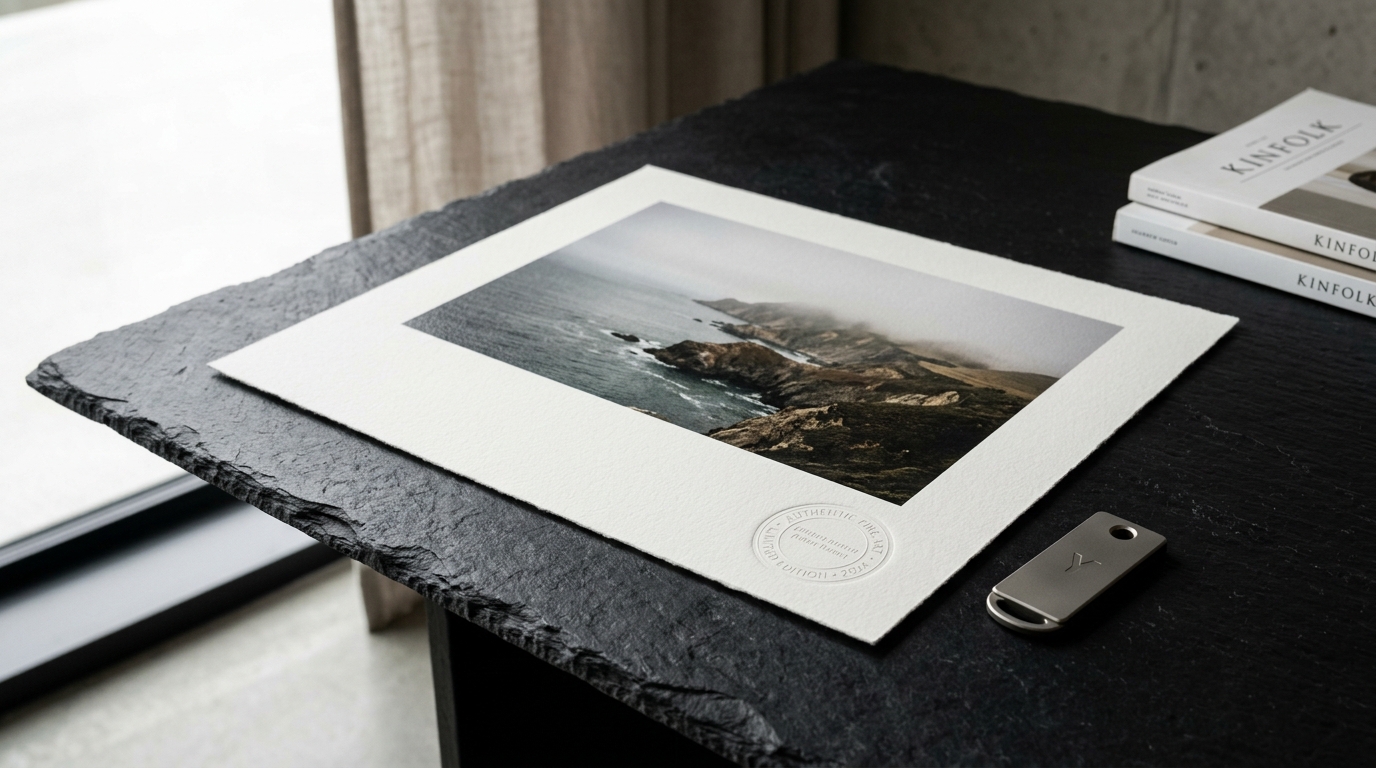 Fine art print with embossed authenticity seal and titanium hardware security token