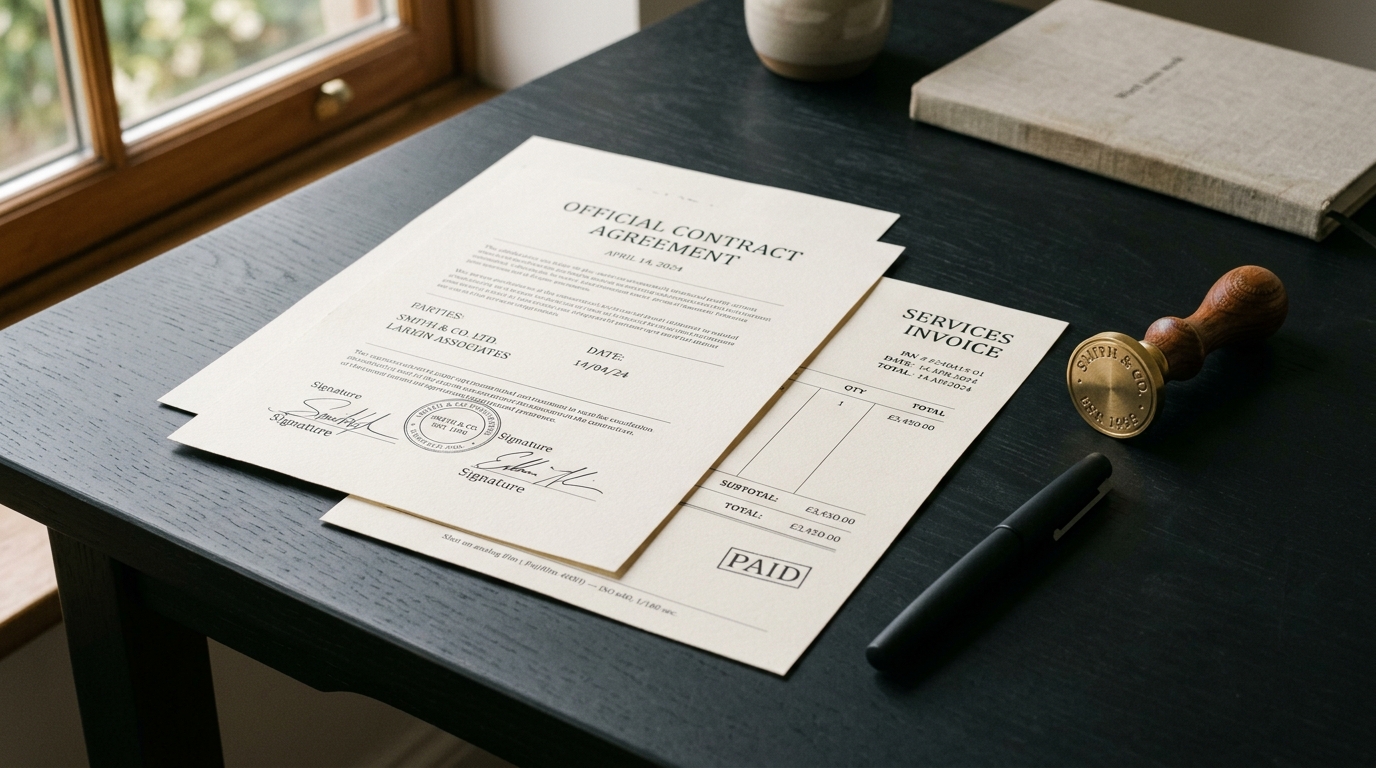 Authentic physical documents, contracts, and wax seal representing document provenance