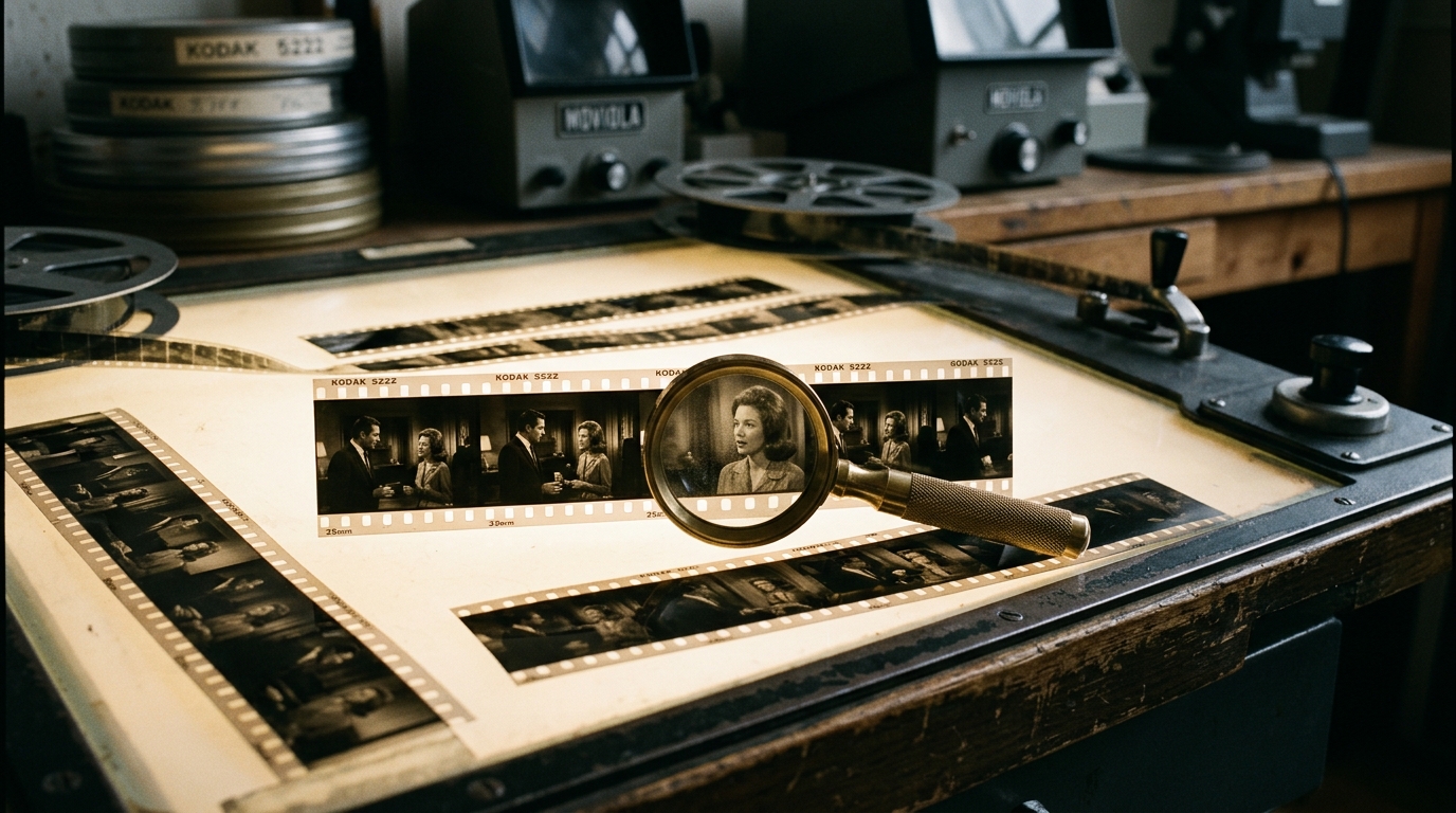 Film editing light table with 35mm motion picture filmstrips and optical magnifying loupe